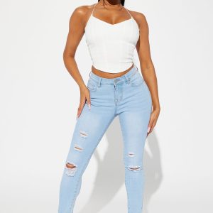 Dover Ripped Mid Rise Stretch Skinny Jeans - Light Wash